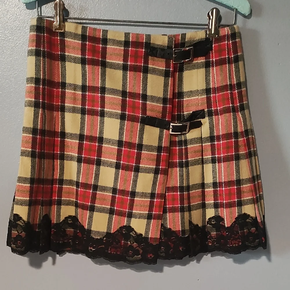 Moda International Red , Tan ,Black And White Pleated Plaid Mini Skirt